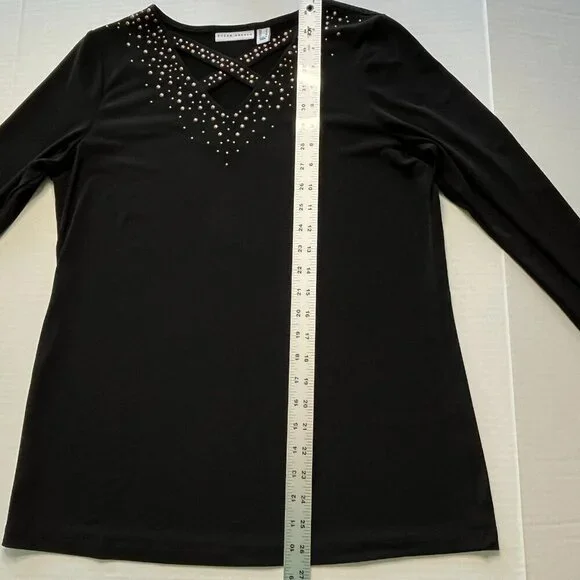 Susan Graver Liquid Knit Top sz S Caged Neck Stretch Moto Biker Office Church - Picture 6 of 7